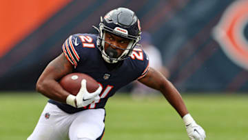 Aug 13, 2022; Chicago, Illinois, USA; Chicago Bears running back Darrynton Evans (21) rushes the ball against the Kansas City Chiefs during the second half at Soldier Field. Mandatory Credit: Mike Dinovo-USA TODAY Sports