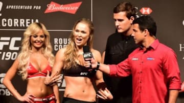Jul 31, 2015; Rio de Janeiro, RJ, Brazil; Ronda Rousey during weigh-ins for UFC 190 at HSBC Arena. Mandatory Credit: Jason Silva-USA TODAY Sports
