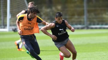 ST ALBANS, ENGLAND - MAY 24: Alexis Sanchez and Mohamed Elneny of Arsenal during the Arsenal Training Session at London Colney on May 24, 2017 in St Albans, England. (Photo by David Price/Arsenal FC via Getty Images)