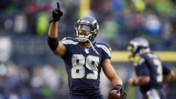 Dec 27, 2015; Seattle, WA, USA; Seattle Seahawks wide receiver Doug Baldwin (89) celebrates his touchdown reception against the St. Louis Rams during the third quarter at CenturyLink Field. Mandatory Credit: Joe Nicholson-USA TODAY Sports