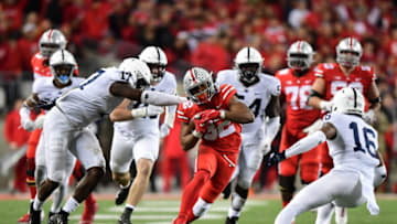COLUMBUS, OHIO - OCTOBER 30: TreVeyon Henderson #32 of the Ohio State Buckeyes carries the ball against the Penn State Nittany Lions during the second half of their game at Ohio Stadium on October 30, 2021 in Columbus, Ohio. (Photo by Emilee Chinn/Getty Images)