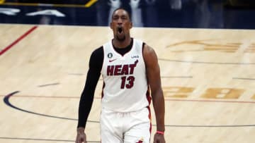 Jun 4, 2023; Denver, CO, USA; Miami Heat center Bam Adebayo (13) reacts in the fourth quarter against the Denver Nuggets in game two of the 2023 NBA Finals at Ball Arena. Mandatory Credit: Ron Chenoy-USA TODAY Sports