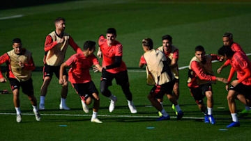 Real Madrid's players run during a training session at the Valdebebas training ground in Madrid on October 22, 2018 on the eve of the UEFA Champions' League football match Real Madrid CF against FC Viktoria Plzen. (Photo by GABRIEL BOUYS / AFP) (Photo credit should read GABRIEL BOUYS/AFP/Getty Images)
