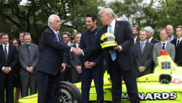WASHINGTON, DC - JUNE 10: U.S. President Donald Trump stands with Indianapolis 500 winner Simon Pagenaud (C) and Team Penske owner, Roger Penske (L) during a ceremony to honor the driver at the White House on June 10, 2019 in Washington, DC. Pagenaud is the first French driver to win the Indy 500 in more than a century. (Photo by Mark Wilson/Getty Images)