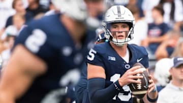 Penn State quarterback Drew Allar (15) prepares to throw a pass to Liam Clifford (2) during warmups before a NCAA football game against Delaware Saturday, Sept. 9, 2023, in State College, Pa.