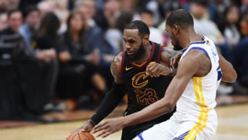 Jun 8, 2018; Cleveland, OH, USA; Cleveland Cavaliers forward LeBron James (23) drives against Golden State Warriors forward Kevin Durant (35) during the third quarter in game four of the 2018 NBA Finals at Quicken Loans Arena. Mandatory Credit: Ken Blaze-USA TODAY Sports
