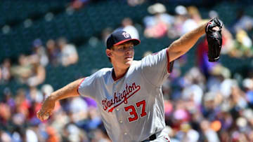 Aug 17, 2016; Denver, CO, USA; Washington Nationals starting pitcher Stephen Strasburg (37) delivers a pitch in the first inning against the Colorado Rockies at Coors Field. Mandatory Credit: Ron Chenoy-USA TODAY Sports
