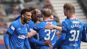 GLASGOW, SCOTLAND - APRIL 18: RConnor Goldson of Rangers reacts after Jonjoe Kenny of Celtic scores an own goal during the Scottish Cup game between Rangers and Celtic at Ibrox Stadium on April 18, 2021 in Glasgow, Scotland. Sporting stadiums around the UK remain under strict restrictions due to the Coronavirus Pandemic as Government social distancing laws prohibit fans inside venues resulting in games being played behind closed doors. (Photo by Ian MacNicol/Getty Images)