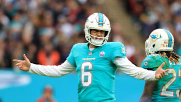 1st October 2017, Wembley Stadium, London, England; NFL International Series, Game Two; Miami Dolphins versus New Orleans Saints; Jay Cutler of the Miami Dolphins complains as he is judged to give away a penalty (Photo by Shaun Brooks/Action Plus via Getty Images)