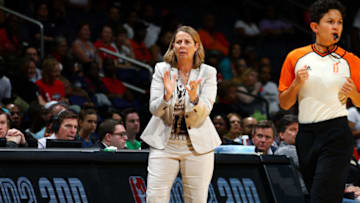 WASHINGTON, DC - SEPTEMBER 17: Cheryl Reeve of the Minnesota Lynx reacts during the game against the Washington Mystics in Game Three of the Semifinals during the 2017 WNBA Playoffs on September 17, 2017 at the Capital One Arena in Washington, DC. NOTE TO USER: User expressly acknowledges and agrees that, by downloading and or using this photograph, User is consenting to the terms and conditions of the Getty Images License Agreement. Mandatory Copyright Notice: Copyright 2017 NBAE (Photo by Ned Dishman/NBAE via Getty Images)