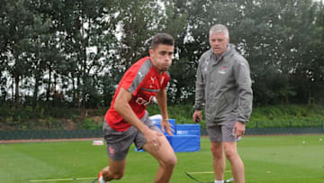 ST ALBANS, ENGLAND - JULY 11: Gabriel with Arsenal fitness coach Graig Gant during a training session at London Colney on July 11, 2016 in St Albans, England. (Photo by Stuart MacFarlane/Arsenal FC via Getty Images)