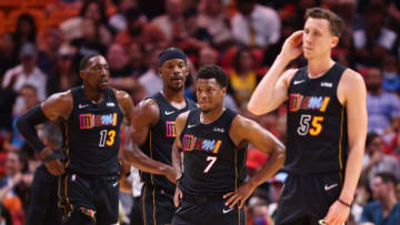 Kyle Lowry #7, Jimmy Butler #22, Duncan Robinson #55 and Bam Adebayo #13 of the Miami Heat(Photo by Michael Reaves/Getty Images)