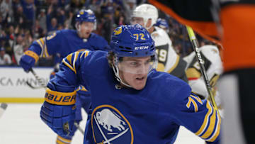 BUFFALO, NEW YORK - NOVEMBER 10: Tage Thompson #72 of the Buffalo Sabres celebrates after his goal during the first period of an NHL hockey game against the Vegas Golden Knights at KeyBank Center on November 10, 2022 in Buffalo, New York. (Photo by Joshua Bessex/Getty Images)