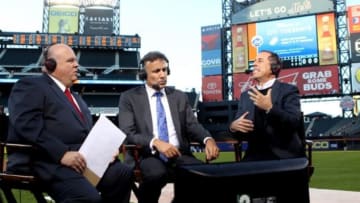 Sep 17, 2013; New York, NY, USA; Comedian and New York Mets fan Jerry Seinfeld (right) talks with Chris Carlin (left) and Bobby Ojeda (center) on the Mets pre game show on SNY before a game between the New York Mets and the San Francisco Giants at Citi Field. Mandatory Credit: Brad Penner-USA TODAY Sports