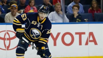 Oct 12, 2015; Buffalo, NY, USA; Buffalo Sabres left wing Tyler Ennis (63) during the game against the Columbus Blue Jackets at First Niagara Center. Mandatory Credit: Kevin Hoffman-USA TODAY Sports