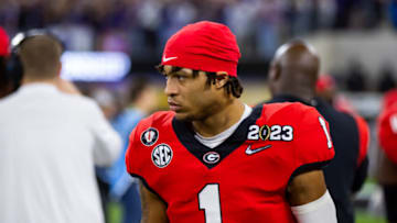 Jan 9, 2023; Inglewood, CA, USA; Georgia Bulldogs defensive back Nyland Green (1) against the TCU Horned Frogs during the CFP national championship game at SoFi Stadium. Mandatory Credit: Mark J. Rebilas-USA TODAY Sports