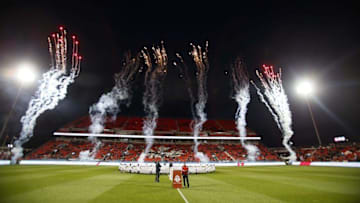 Oct 14, 2015; Toronto, Ontario, CAN; Fireworks go off prior to the start of a game between New York Red Bulls and Toronto FC during the first half at BMO Field. Mandatory Credit: John E. Sokolowski-USA TODAY Sports