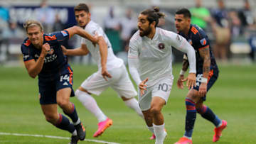 May 16, 2021; Cincinnati, OH, USA; Inter Miami midfielder Rodolfo Pizarro (10) attempts a shot on goal against FC Cincinnati defender Nick Hagglund (14) in the second half at TQL Stadium. Mandatory Credit: Katie Stratman-USA TODAY Sports