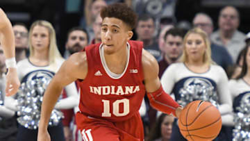 UNIVERSITY PARK, PA - JANUARY 29: Rob Phinisee #10 of the Indiana Hoosiers dribbles the ball during a college basketball game against the Penn State Nittany Lions at the Bryce Joyce Center on January 29, 2020 in University Park, Pennsylvania. (Photo by Mitchell Layton/Getty Images)