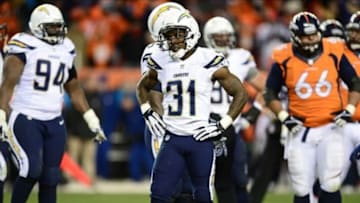 Jan 12, 2014; Denver, CO, USA; San Diego Chargers cornerback Richard Marshall (31) reacts following the loss to the Denver Broncos during the 2013 AFC divisional playoff football game at Sports Authority Field at Mile High. The Broncos defeated the San Diego Chargers 24-17. Mandatory Credit: Ron Chenoy-USA TODAY Sports