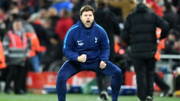 LIVERPOOL, ENGLAND - FEBRUARY 04: Mauricio Pochettino, Manager of Tottenham Hotspur celebrates his sides second goal during the Premier League match between Liverpool and Tottenham Hotspur at Anfield on February 4, 2018 in Liverpool, England. (Photo by Michael Regan/Getty Images)