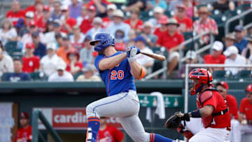 JUPITER, FL - MARCH 05: Pete Alonso #20 of the New York Mets bats during a Grapefruit League spring training game against the St Louis Cardinals at Roger Dean Stadium on March 5, 2020 in Jupiter, Florida. The game ended in a 7-7 tie. (Photo by Joe Robbins/Getty Images)