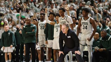 EAST LANSING, MI - JANUARY 29: Head coach Tom Izzo of the Michigan State Spartans looks on in the second half of the game against the Michigan Wolverines at Breslin Center on January 29, 2022 in East Lansing, Michigan. (Photo by Rey Del Rio/Getty Images)