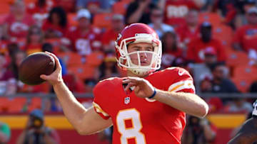 Aug 13, 2016; Kansas City, MO, USA; Kansas City Chiefs quarterback Kevin Hogan (8) throws a pass during the second half against the Seattle Seahawks at Arrowhead Stadium. Seattle won 17-16. Mandatory Credit: Denny Medley-USA TODAY Sports