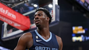 MEMPHIS, TENNESSEE - APRIL 16: Jaren Jackson Jr. #13 of the Memphis Grizzlies during the game against the Los Angeles Lakers during Game One of the Western Conference First Round Playoffs at FedExForum on April 16, 2023 in Memphis, Tennessee. NOTE TO USER: User expressly acknowledges and agrees that, by downloading and or using this photograph, User is consenting to the terms and conditions of the Getty Images License Agreement. (Photo by Justin Ford/Getty Images)