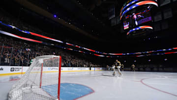 BOSTON, MA - NOVEMBER 23: Tuukka Rask #40 of the Boston Bruins during the national anthem before the game against the Minnesota Wild at the TD Garden on November 23, 2019 in Boston, Massachusetts. (Photo by Brian Babineau/NHLI via Getty Images)