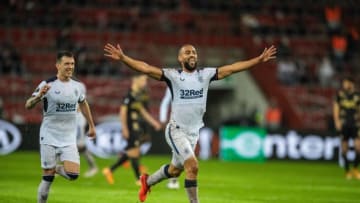 LIEGE, BELGIUM - OCTOBER 22: (BILD ZEITUNG OUT) Kemar Roofe of FC Rangers celebrates after scoring his team's second goal during the UEFA Europa League Group D stage match between Standard Liege and Rangers at Stade Maurice Dufrasne on October 22, 2020 in Liege, Belgium. (Photo by Jef Matthee/DeFodi Images via Getty Images)