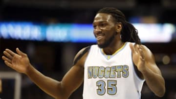 Apr 8, 2015; Denver, CO, USA; Denver Nuggets forward Kenneth Faried (35) reacts during the first half against the Los Angeles Lakers at Pepsi Center. Mandatory Credit: Chris Humphreys-USA TODAY Sports
