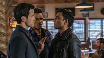 Nancy Drew -- "The Spell of The Burning Bride" -- Image Number: NCD210b_0211r.jpg -- Pictured (L-R): RJ Hatanaka as Detective Tamura, Tunji Kasim as Nick and Praneet Akilla as Gil Bobbsey -- Photo: Colin Bentley/The CW -- © 2021 The CW Network, LLC. All Rights Reserved.
