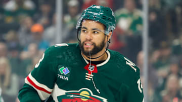 ST PAUL, MN - FEBRUARY 17: Jordan Greenway #18 of the Minnesota Wild looks on against the Dallas Stars in the first period of the game at Xcel Energy Center on February 17, 2023 in St Paul, Minnesota. (Photo by David Berding/Getty Images)