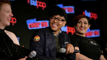 NEW YORK, NEW YORK - OCTOBER 06: (L-R) Mackenzi Lee, Vita Ayala, and Beth Bryson speak on stage during Women of Marvel panel at New York Comic Con 2019 - Day 4 at Jacob K. Javits Convention Center on October 06, 2019 in New York City. (Photo by Bryan Bedder/Getty Images for ReedPOP)