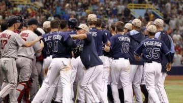 May 25, 2014; St. Petersburg, FL, USA; Tampa Bay Rays and Boston Red Sox benches clear during the seventh inning at Tropicana Field. Mandatory Credit: Kim Klement-USA TODAY Sports