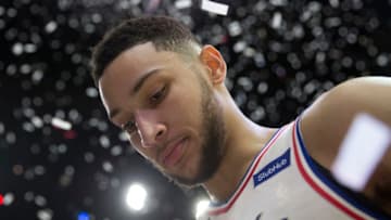 PHILADELPHIA, PA - APRIL 14: Ben Simmons #25 of the Philadelphia 76ers looks on after Game One of the first round of the 2018 NBA Playoff against the Miami Heat at Wells Fargo Center on April 14, 2018 in Philadelphia, Pennsylvania. The 76ers defeated the Heat 130-103. NOTE TO USER: User expressly acknowledges and agrees that, by downloading and or using this photograph, User is consenting to the terms and conditions of the Getty Images License Agreement. (Photo by Mitchell Leff/Getty Images)