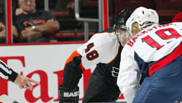 PHILADELPHIA - SEPTEMBER 26: Danny Briere #48 of the Philadelphia Flyers faces off against Nicklas Backstrom #19 of the Washington Capitals on September 26, 2007 at the Wachovia Center in Philadelphia, Pennsylvania. The Flyers defeated the Capitals 2 to 1. (Photo by Len Redkoles/Getty Images)