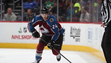 DENVER, CO - DECEMBER 11: A.J. Greer #24 of the Colorado Avalanche skates against the Edmonton Oilers at the Pepsi Center on December 11, 2018 in Denver, Colorado. (Photo by Michael Martin/NHLI via Getty Images)"n