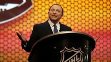 Jun 27, 2014; Philadelphia, PA, USA; NHL commissioner Gary Bettman addresses the crowd before the 2014 NHL Draft at Wells Fargo Center. Mandatory Credit: Bill Streicher-USA TODAY Sports