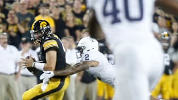 IOWA CITY, IOWA- SEPTEMBER 23: Quarterback Nate Stanley #4 of the Iowa Hawkeyes is sacked in the fourth quarter by safety Marcus Allen #2 of the Penn State Nittany Lions on September 23, 2017 at Kinnick Stadium in Iowa City, Iowa. (Photo by Matthew Holst/Getty Images)