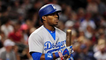 Jul 16, 2016; Phoenix, AZ, USA; Los Angeles Dodgers right fielder Yasiel Puig (66) looks on during the eighth inning against the Arizona Diamondbacks at Chase Field. Mandatory Credit: Matt Kartozian-USA TODAY Sports