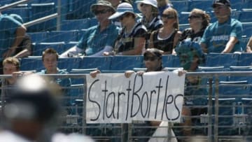 Sep 21, 2014; Jacksonville, FL, USA; Jacksonville Jaguars fans watch above a sign suggesting they start quarterback Blake Bortles (5) before the start of their game against the Indianapolis Colts at EverBank Field. Mandatory Credit: Phil Sears-USA TODAY Sports