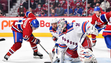 MONTREAL, QC - OCTOBER 16: Brendan Gallagher #11 of the Montreal Canadiens tries to get the puck past goaltender Igor Shesterkin #31 of the New York Rangers during the second period at Centre Bell on October 16, 2021 in Montreal, Canada. (Photo by Minas Panagiotakis/Getty Images)