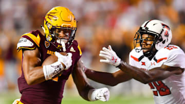 LUBBOCK, TX - SEPTEMBER 16: N'Keal Harry #1 of the Arizona State Sun Devils beats Jaylon Lane #28 of the Texas Tech Red Raiders to the end zone during the game on September 16, 2017 at Jones AT&T Stadium in Lubbock, Texas. Texas Tech won the game 52-45. (Photo by John Weast/Getty Images)