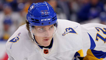Nov 12, 2022; Buffalo, New York, USA; Buffalo Sabres right wing Tage Thompson (72) waits for the face-off during the second period against the Boston Bruins at KeyBank Center. Mandatory Credit: Timothy T. Ludwig-USA TODAY Sports