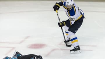 May 21, 2016; San Jose, CA, USA; St. Louis Blues left wing Alexander Steen (20) shoots as San Jose Sharks defenseman Brent Burns (88) watches the puck in the third period of game four of the Western Conference Final of the 2016 Stanley Cup Playoffs at SAP Center at San Jose. The Blues won 6-3. Mandatory Credit: John Hefti-USA TODAY Sports