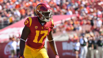 LOS ANGELES, CA - OCTOBER 07: USC (17) Josh Imatorbhebhe (WR) looks on during a college football game between the Oregon State Beavers and the USC Trojans on October 7, 2017, at Los Angeles Memorial Coliseum in Los Angeles, CA. (Photo by Brian Rothmuller/Icon Sportswire via Getty Images)