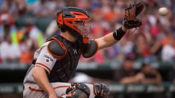 Jul 31, 2015; Arlington, TX, USA; San Francisco Giants catcher Buster Posey (28) during the game against the Texas Rangers at Globe Life Park in Arlington. The Rangers defeated the Giants 6-3. Mandatory Credit: Jerome Miron-USA TODAY Sports