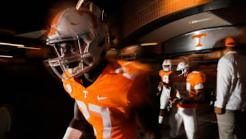 KNOXVILLE, TN - NOVEMBER 3: Defensive back Carlin Fils-aime #27 of the Tennessee Volunteers comes out of the tunnel before the game between the Charlotte 49ers and the Tennessee Volunteers at Neyland Stadium on November 3, 2018 in Knoxville, Tennessee. (Photo by Donald Page/Getty Images)